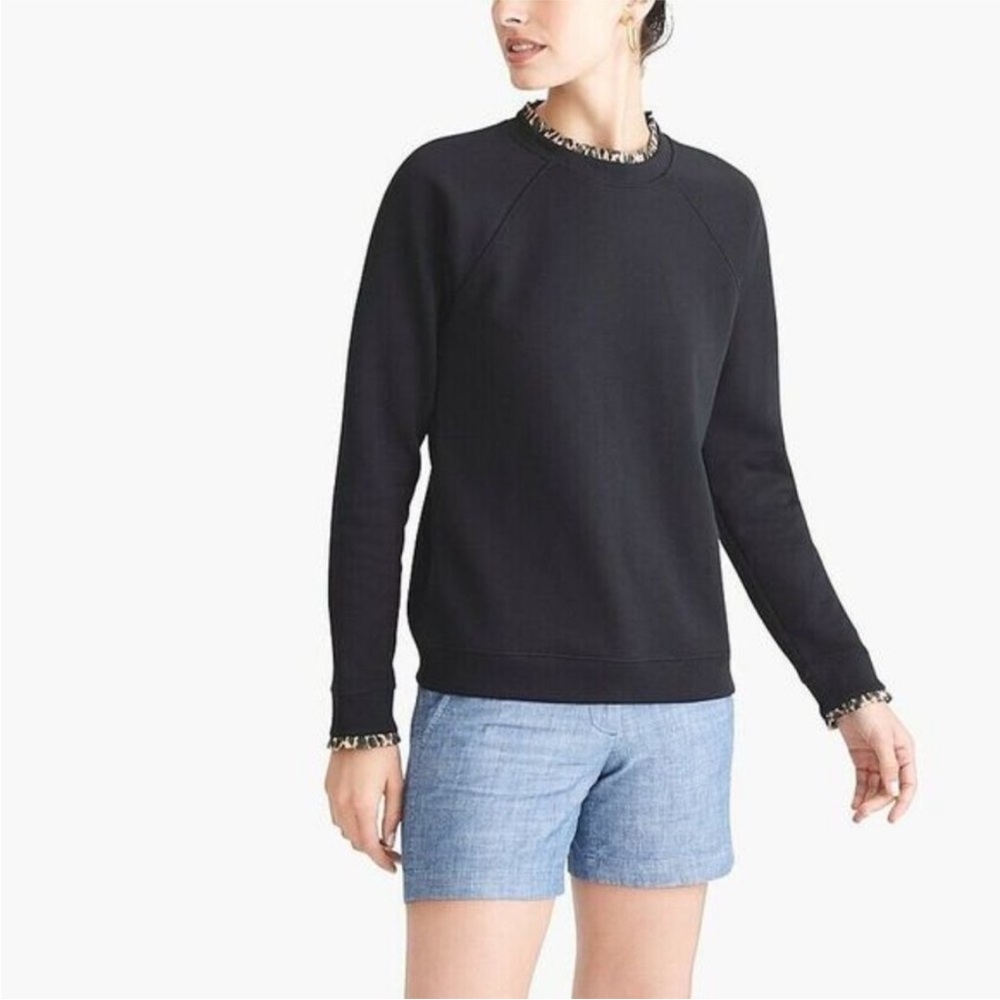 NWT J. Crew Factory Black Sweatshirt with 
Leopard Ruffle Neck - Picture 1 of 5
